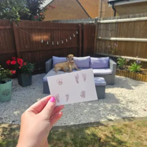 Chloe holding Ronnie's hand and footprints up in front of the memory garden they created for him.