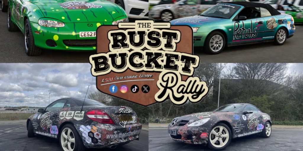 4 rust bucket rally cars with the logo in the centre